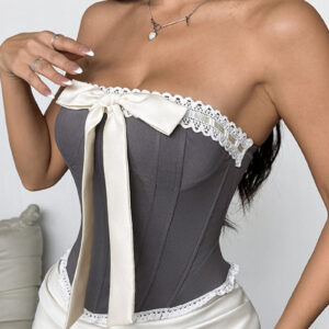 Lace Ruffle Trim Bow Detail Boned Cami Sexy Blouse