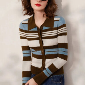 Striped Knit Turn-down Collar Cardigan