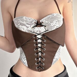 Chic Color Block Lace Insert Tie Waist Backless Halter Top